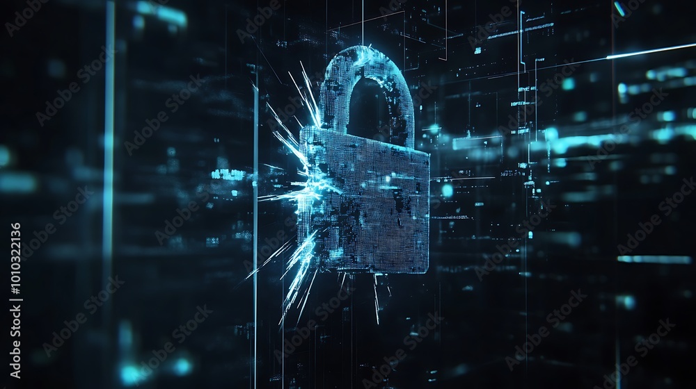 Poster A digital padlock symbol is shown in the center of a screen with blue and white lights and lines representing data, code, and information