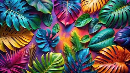 Vibrant tropical leaves and colorful shapes on abstract background, tropical, leaves, abstract, vibrant, colorful, shapes, flora