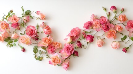 A delicate heart trail of roses arranged on a smooth white background, evoking love and affection with vibrant petals and soft lighting