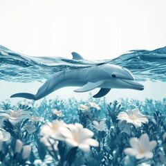 Fototapeta premium Dolphin Swimming Through Underwater Flower Garden