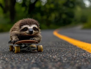 Sloth on skateboard on an empty road, green trees in background, playful and unique scene.