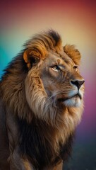 Fototapeta premium Majestic lion in profile with full mane, looking towards viewer, strong and confident