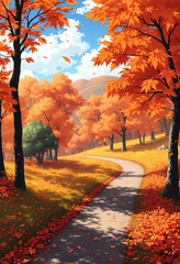 Fototapeta premium Landscape with Falling Leaves and Winding Path illustration with copy space