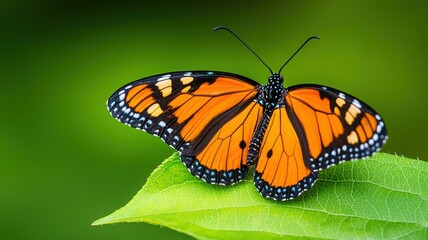 Fototapeta premium A vibrant monarch butterfly perched on a green leaf, showcasing its striking orange wings against a soft, blurred background.