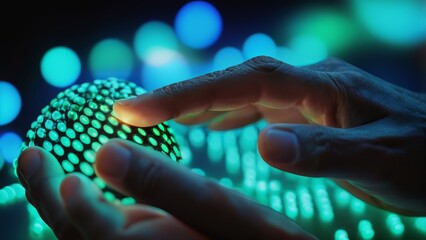 Close-up of hand squeezing glowing pixels. The photo was created using AI tools.