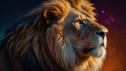 Naklejka premium Close-up of lion's head with focus on mane and facial features, no people present