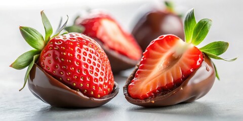 Halved chocolate-covered strawberry close-up, strawberry, chocolate, dessert, sweet, close-up, fresh, delicious, gourmet, treat