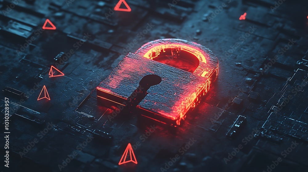 Poster a glowing red padlock sits on a circuit board, symbolizing digital security.