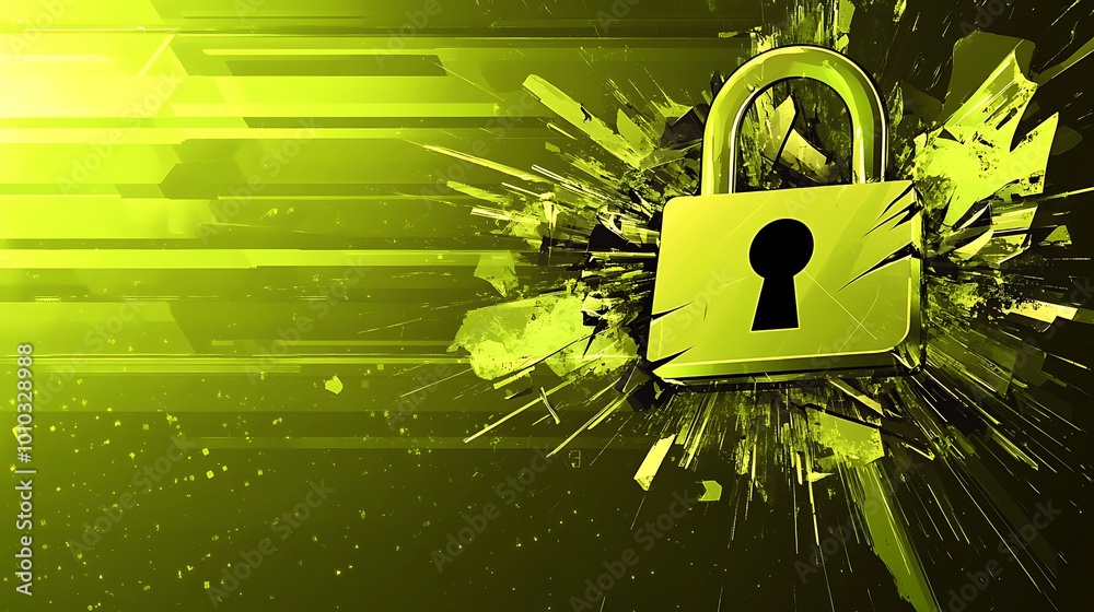 Poster a glowing green padlock with a keyhole is surrounded by a burst of shattered green glass on an abstr
