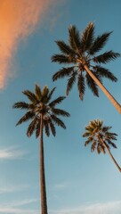 Obraz premium Row of tall palm trees with green fronds under clear sky and smooth gray background