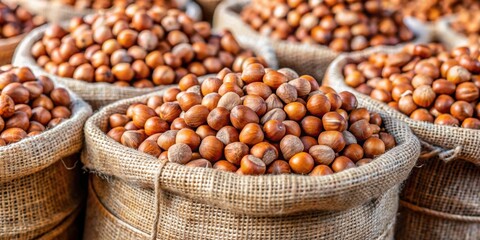 Obraz premium Close-up of fresh hazelnuts in large bags at outdoor market, showcasing their texture and natural appeal, hazelnuts, nuts
