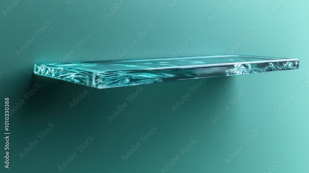 Sticker A sleek glass shelf against a soft teal background.