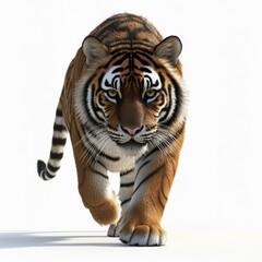 Obraz premium Majestic Tiger Walking Towards Camera Wild Cat Portrait Stripes Orange Fur White Backg