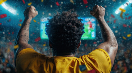 Obraz premium Close-knit group of friends watching a football game on TV, celebrating a goal with excitement and joy in a lively atmosphere