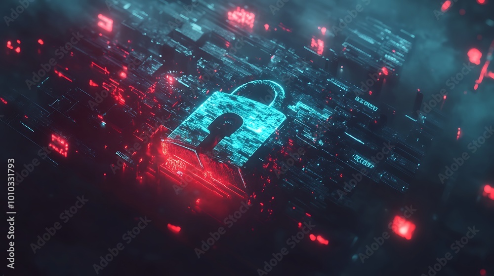 Poster a glowing blue padlock symbol sits on a circuit board with red glowing lights, suggesting data secur