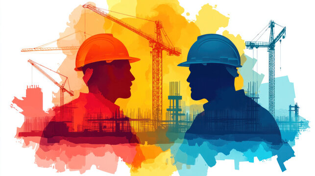 Engineer in silhouette supervising bridge construction at dawn, with towering bridge pillars and cranes in the background