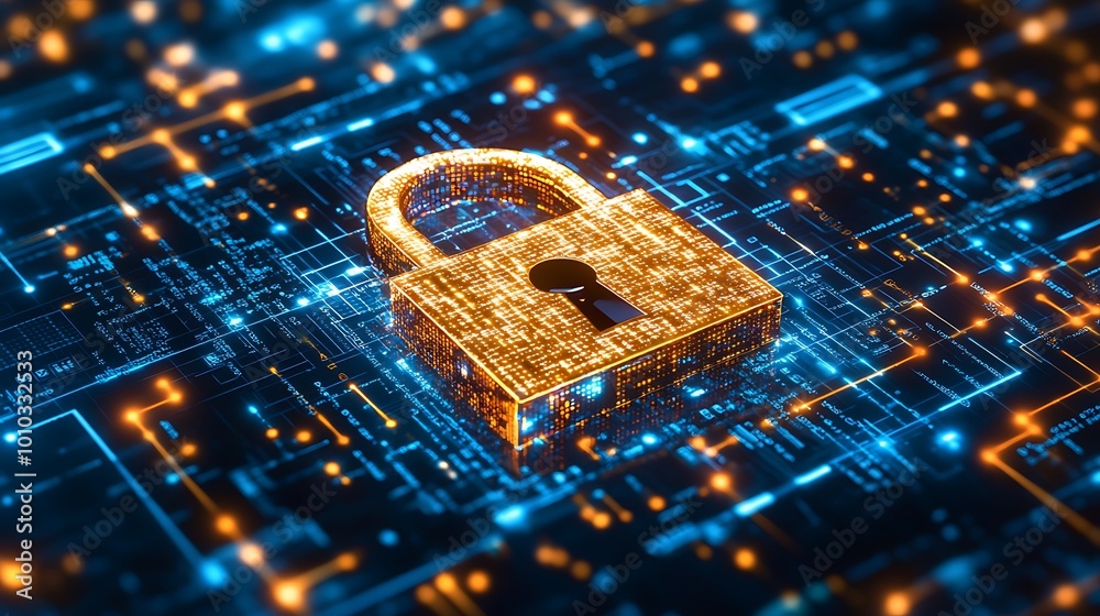 Poster a golden padlock sits on a blue and orange circuit board, representing data security.