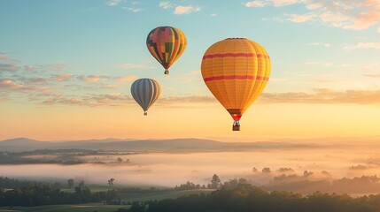 Fototapeta premium Three Hot Air Balloons Soaring Above a Misty Landscape at Sunrise