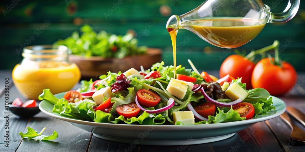 Wall mural Salad being drizzled with delicious dressing , food, healthy, cooking, pouring, salad, greens, fresh, vegetables, tasty