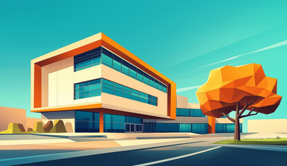 Obraz premium Illustration of a modern architectural building featuring bold geometric shapes and vibrant colors, highlighting innovative design and contemporary style in urban settings