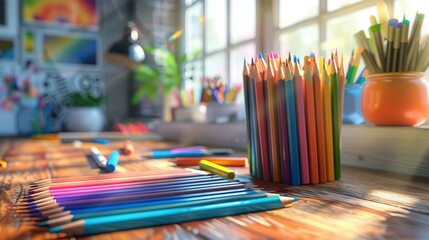 Colorful Pencils on Wooden Table Art Supplies Creativity Drawing School Office