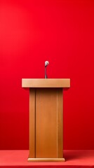 Wooden Podium with Microphone in Front of Red Wall