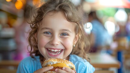 Happy Little Girl Eating Hamburger at Restaurant