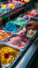 Fototapeta premium Delicious Ice Cream Scoops Displayed In Metal Trays