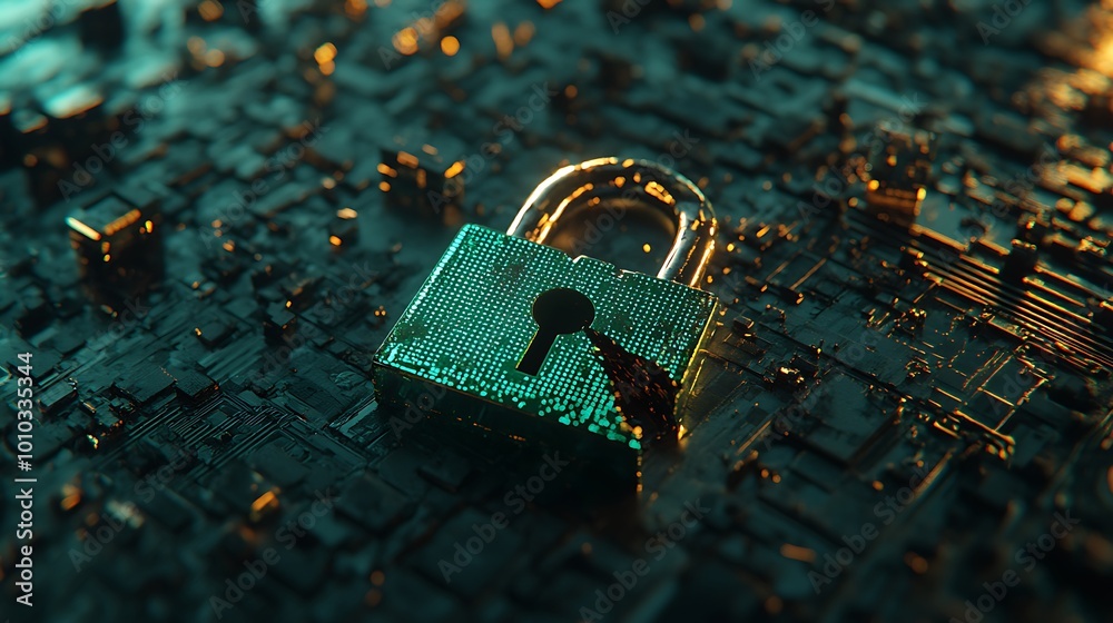 Poster A metallic padlock with a keyhole sits atop a complex microchip circuit board, symbolizing cybersecurity and digital protection.