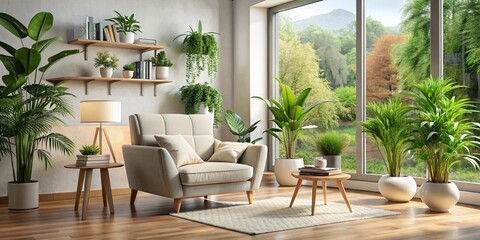 Sala de estar elegante con sillón crema, arte minimalista de líneas y plantas verdes exuberantes. Una mezcla perfecta de confort moderno y belleza natural.