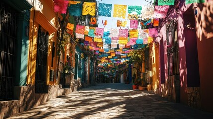 Obraz premium Vibrant Alley Adorned with Colorful Flags and Banners