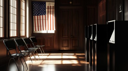 Voting Booths in a Government Building with American Flag