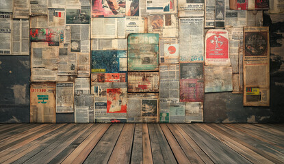 A retro wall adorned with old newspapers creates a nostalgic ambiance over a rustic wooden floor, ideal for vintage-themed projects