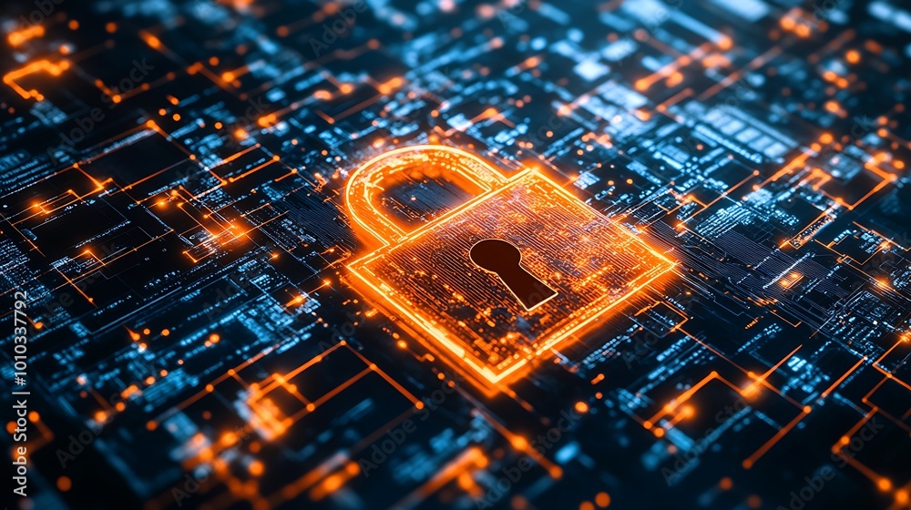 Poster a glowing padlock icon on a circuit board, representing cybersecurity.