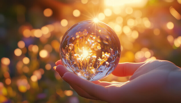 Hand holding crystal ball, nice background boked