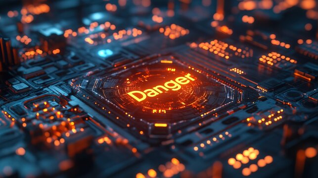 Nuclear War with tocket glowing in data stream "Danger" text 