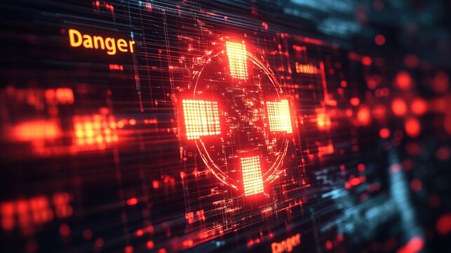 Nuclear War with tocket glowing in data stream "Danger" text 