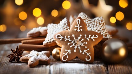 Festive Star Shaped Gingerbread Cookies with Golden Decorations and Bokeh Lights