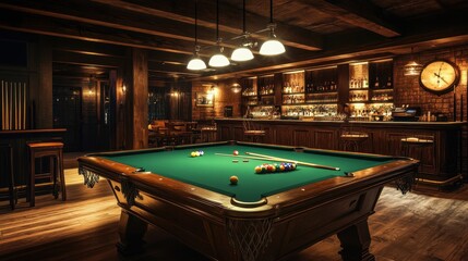 A billiards table in a rustic bar, lit by warm lighting that enhances the rich wooden surroundings. Realistic, highly detailed