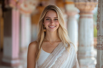 Fototapeta premium Caucasian woman wearing saree traditional cloth smile at Hindu temple
