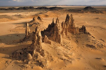 Termite mound-inspired towers, desert landscape, midday sun, bird's-eye view, detailed earth tones, wide-angle shot, sharp clarity