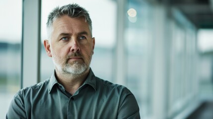 Fototapeta premium Confident CEO stands in front of modern office window, looking out with determined expression, symbolizing leadership and change.
