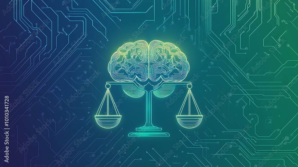 Poster a glowing brain sits on a scale, symbolizing artificial intelligence and justice, against a digital 