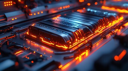 Close-up of an electric vehicle battery on a production line, neon effect 