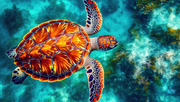 Vivid sea turtle swimming gracefully in a vibrant coral reef, showcasing its intricate shell pattern and vibrant colors against the deep blue ocean backdrop.