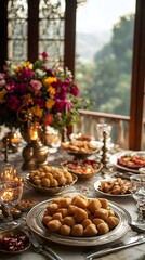 Naklejka premium Delicious Middle Eastern Sweets on a Festive Table Setting with Flowers