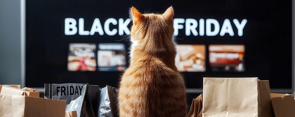 Cat sitting in front of a large screen showing Black Friday ads, surrounded by shopping bags and boxes, high-tech setting, Tech-savvy cat, Black Friday shopping