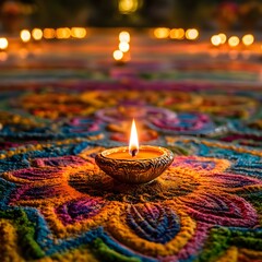 Diwali Festival Candle on Colorful Rangoli Pattern