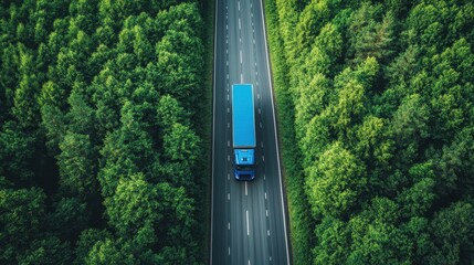 Fototapeta premium Aerial View of Blue Truck on Winding Road Through Lush Green Forest