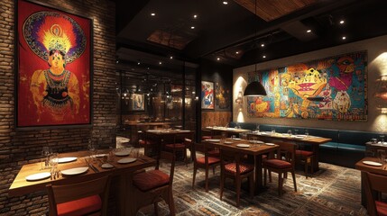 Naklejka premium A charming Indian restaurant featuring contemporary decor alongside vibrant traditional art, creating a unique and warm dining experience.
